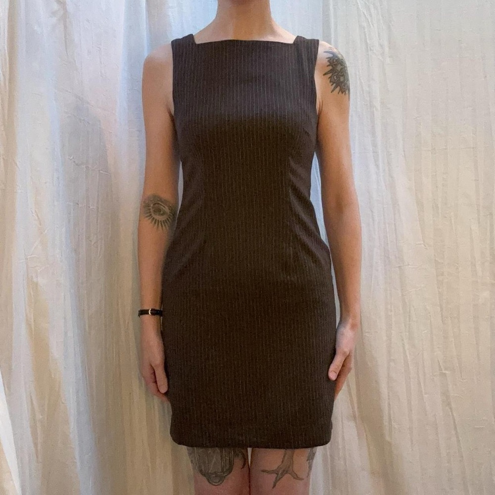 Brown Pinstripe Square Neckline Sleeveless Dress VTG 90s